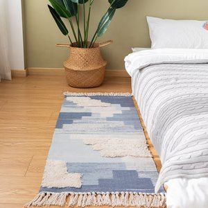 24"x36" Ivory Blue Geometric Woven Tassel Small Area Rug Carpet